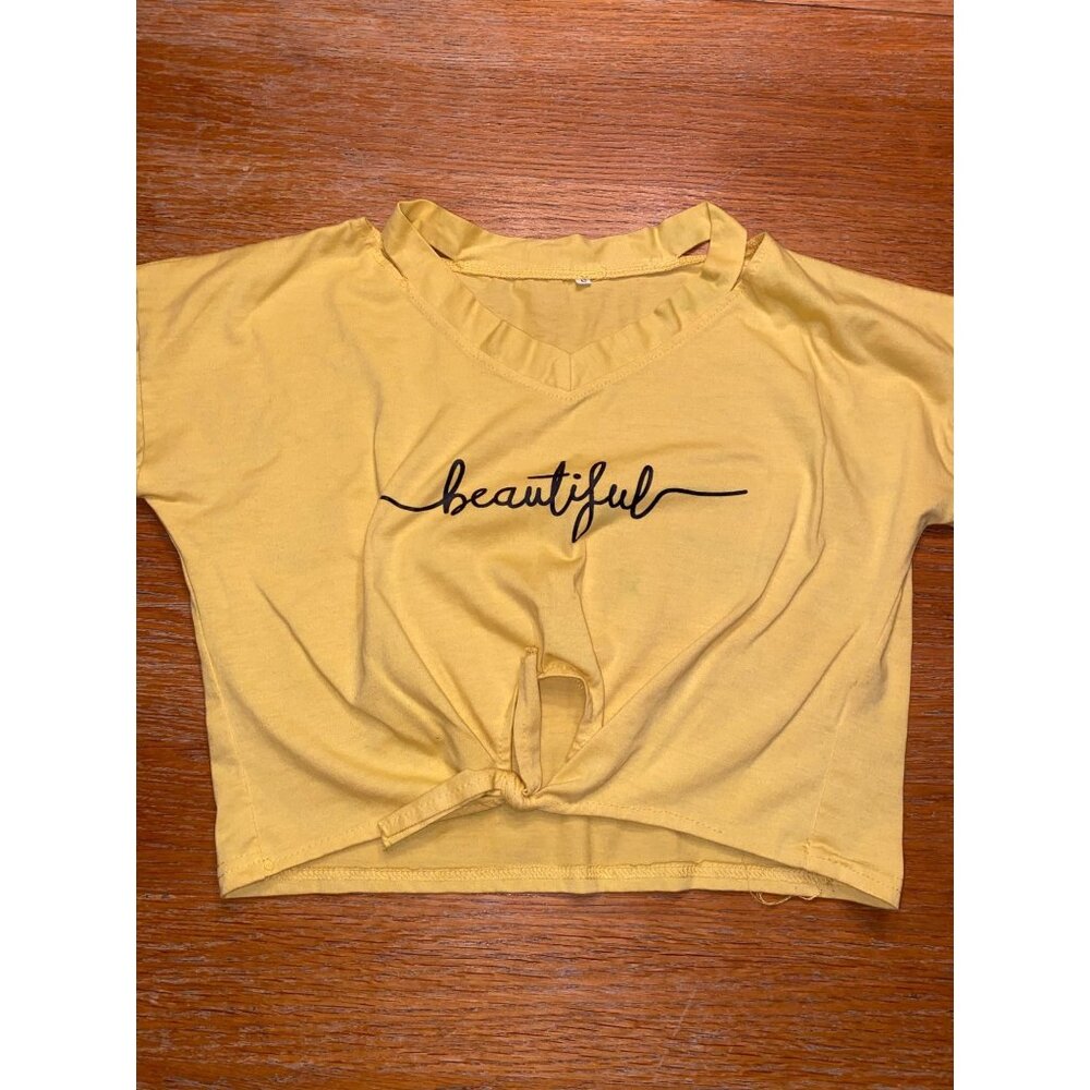 Yellow Crop Top With "Beautiful" Print & Knotted Front
